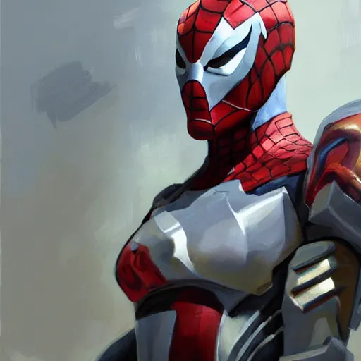 Image similar to greg manchess portrait painting of armored spiderman ultraman grey fox from metal gear cyborg gay japanese - american hybrid as overwatch character, medium shot, asymmetrical, profile picture, organic painting, sunny day, matte painting, bold shapes, hard edges, street art, trending on artstation, by huang guangjian and ail elvgren and sachin teng