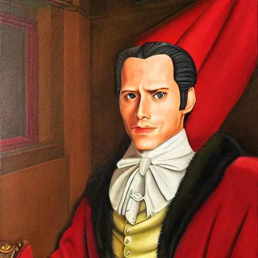 Image similar to a highly detailed portrait of miles edgeworth from ace attorney, inside a room with thick red tapestries, oil painting