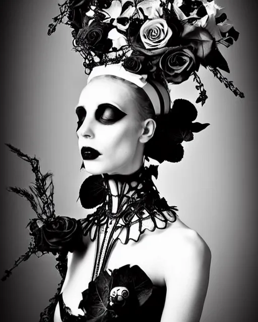 Image similar to dreamy surreal poetic black and white photo of a beautiful young silver bio-mechanical-female-vegetal-cyborg with a very long neck and a super big gothic lace collar and a very high big floral crown with many black dry roses by Vivienne Westwood:: smoke, high fashion, haute couture, rococo, avant-garde, silver filigree details, anatomical, facial muscles, cable wires, microchip, elegant, dreamy, hyper realistic, 150 mm lens, soft rim light, octane render, unreal engine, picture was taken in 1910 by Man Ray, volumetric lighting, dramatic light,8k,