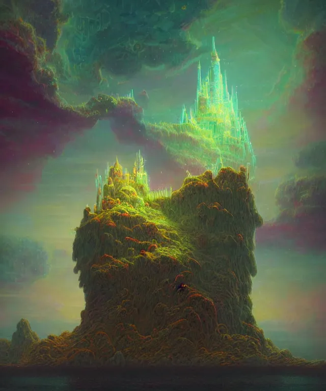 Image similar to an ultra detailed concept digital art painting of a singular floating island castle, levitating across space in a misty pearlescent nebula by paul lehr kazumasa uchio situated in a starry expanse of bioluminescent cosmic worlds by beksinski and beeple, flying citadel with towers, trending on artstation