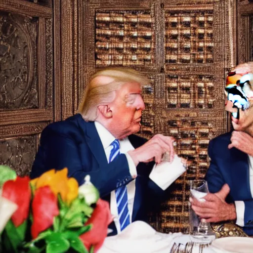 Image similar to Trump and Biden having dinner at a fancy Balinese restaurant, award winning photography, 85mm, perfect faces