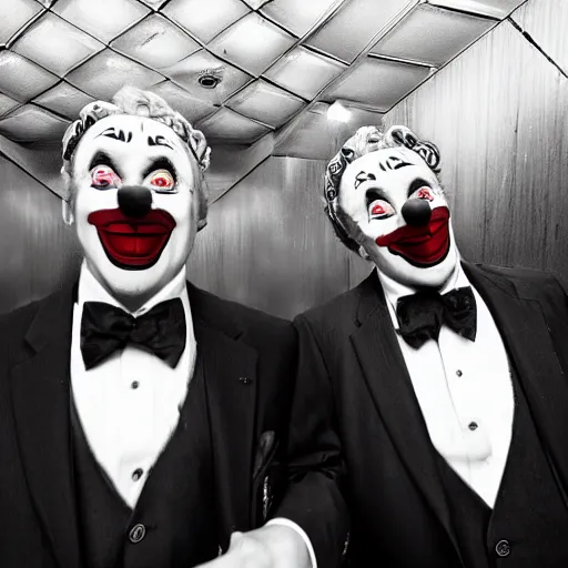 Prompt: cctv fisheye lens 35mm picture of two clowns dressed in suits looking at the camera menacingly, dramatic lighting, low res