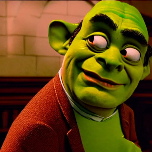 Prompt: mr. bean as shrek. movie still. cinematic lighting.