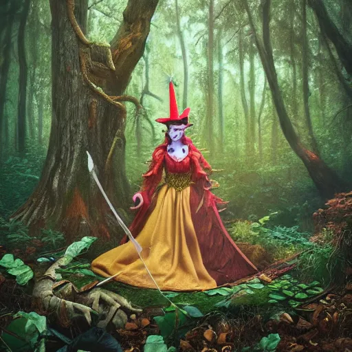 Image similar to the court jesters wife lost in the woods, pretty, beautiful, hyper realistic fantasy painting, artstation, by ansel adams and annie leibovitz, cinematic, magical