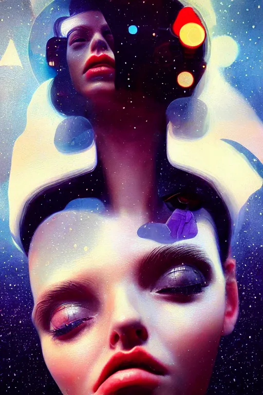 Image similar to 3 d, close - up, sleepy fashion model, plastic, deep night, stars, poster art, intricate oil painting, high detail, figurative art, multiple exposure, poster art, 3 d, by stanley kubrick and tooth wu and wlop and beeple