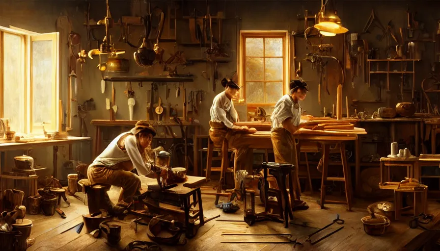 Image similar to highly detailed oil painting | very intricate | cinematic lighting | award - winning | craftsman | building a piece of furniture in their workshop | beautiful cinematic light, american romanticism, by huang guangjian, gil elvgren, ruan jia, randy vargas, greg rutkowski, artstation, cgsociety, official art, octane