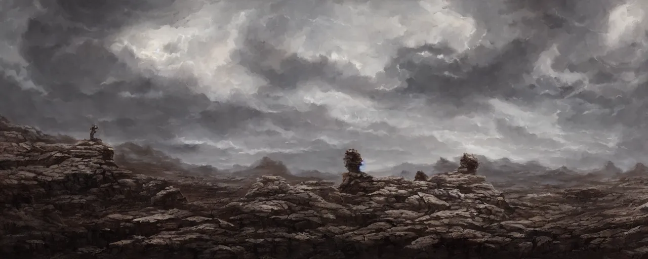 Prompt: spooky face in the clouds over a barren rocky landscape, [ cinematic, detailed, epic, widescreen, opening, establishing, mattepainting, photorealistic, 4 k, octane render, art by greg rutkowski ]