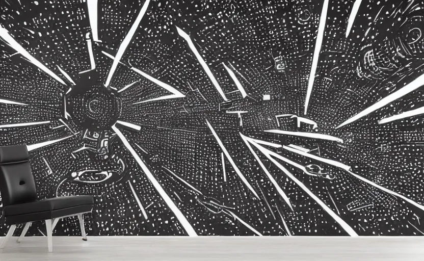 Image similar to mural of space ship battle, laser beams, black and white paint, stencil art, abstract, cyberpunk, painted on a giant wall