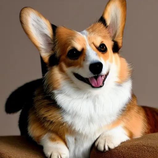 Image similar to realistic photo of corgi with saddle, cat on top of it