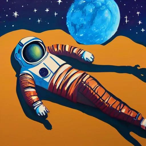 Image similar to an astronaut laying on mars in the style of flooko, acrylic art, detailed, moonlight