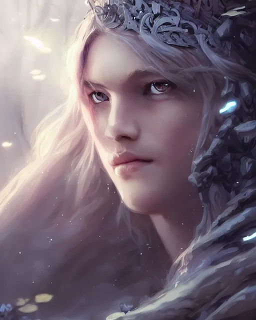 Prompt: cinematic side portrait blonde girl, adventurer outfit large cloak, fantasy forest landscape, dragon scales in hair, fantasy magic, long wavy blonde hair, dark light night, intricate, sharp focus, lens flare, bloom, rim light, illustration, highly detailed, digital painting, concept art, matte, art by ruan jia