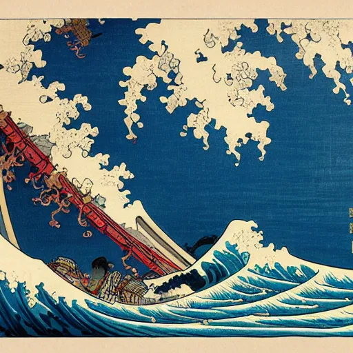 Prompt: a hokusai painting masterpiece exposed in Paris : the vogue merry ship of luffy from one piece sailing on the wave of hukusai This 4K HD image is Trending on Artstation, featured on Behance, well-rendered, extra crisp