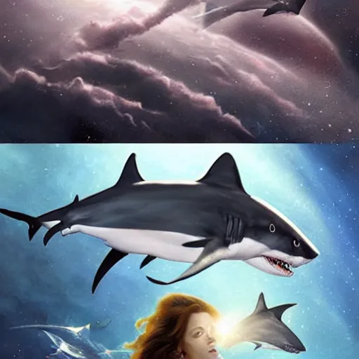 Prompt: Still from the movie Sharknado, in space with angry sharks floating on the left in front of the interstellar space filled with stars, ready to attack the planet earth on the right. Elegant, intricate, digital painting, artstation, concept art, smooth, sharp focus, illustration, art by artgerm and greg rutkowski and alphonse mucha.