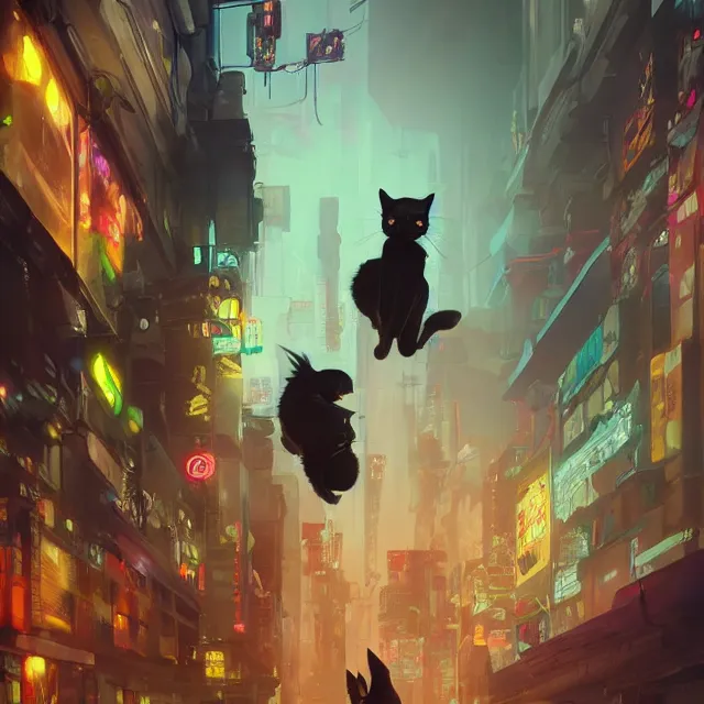Prompt: a painting of a cute black cat in cyberpunk city. character design by cory loftis, fenghua zhong, ryohei hase, ismail inceoglu and ruan jia. volumetric light, detailed, rendered in octane