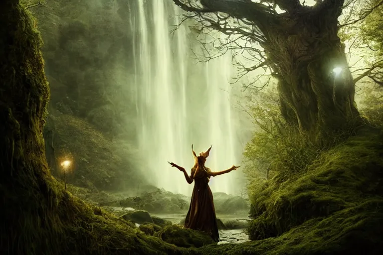 Image similar to an ultra realistic, cinematic, fantasy portrait, of an elden ring elf, fairy lights, facial features, background of a vast serene landscape, with trees and waterfalls, detailed, deep focus, movie still, dramatic lighting, ray tracing, by michal karcz and yoshitaka amano