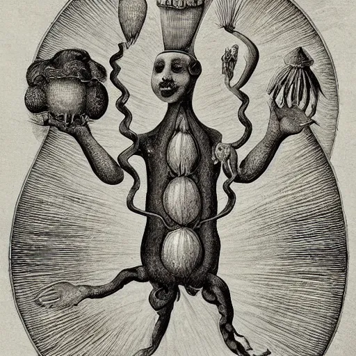 Image similar to whimsical freaky creature sings a unique canto about \'as above so below\' being ignited by the spirit of Haeckel and Robert Fludd, breakthrough is iminent, glory be to the magic within