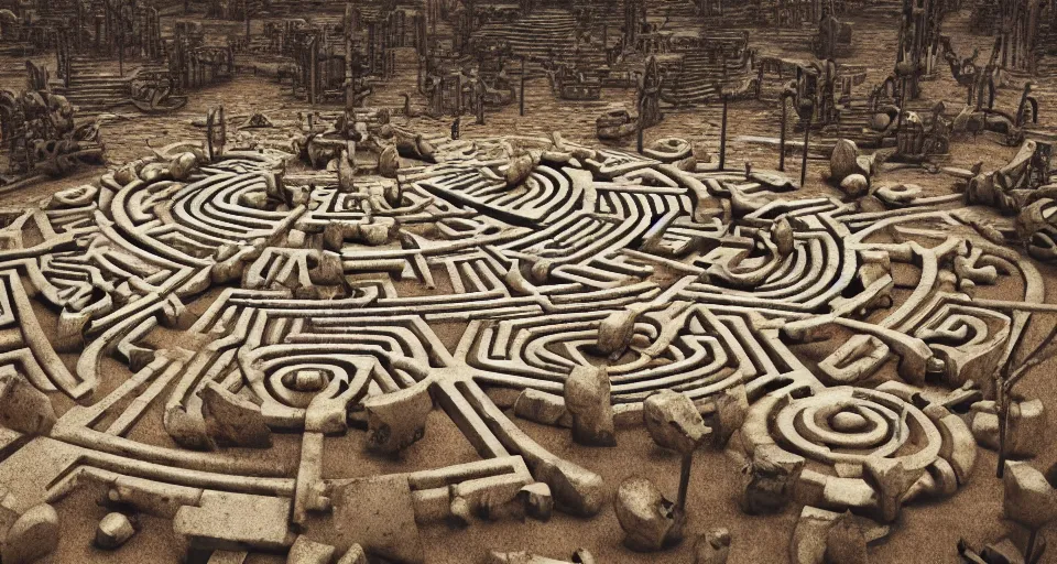 Image similar to circular bone labyrinth made out of giant bones, art deco medieval style, grimdark vibes, golden skeleton statue in center of labyrinth, abandoned vibes, gloomy moody clouds, god sun rays, complimentary color scheme, G liulian Art style, dynamic lighting, highly detailed, cinematic landscape, octane render, unreal engine