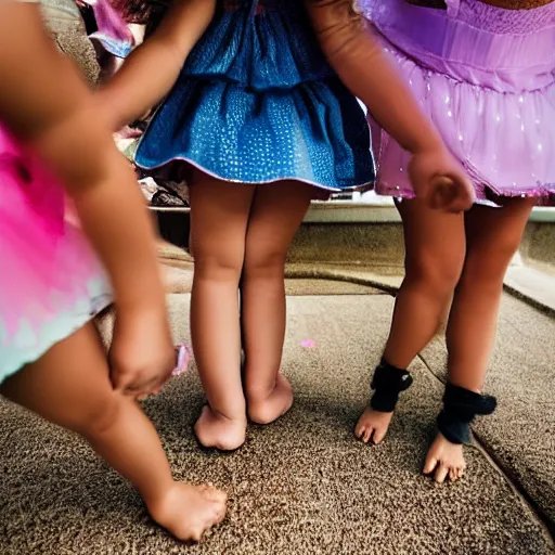 Image similar to group of tiny girls dancing around the rim of a toilet bowl. Perspective photograph