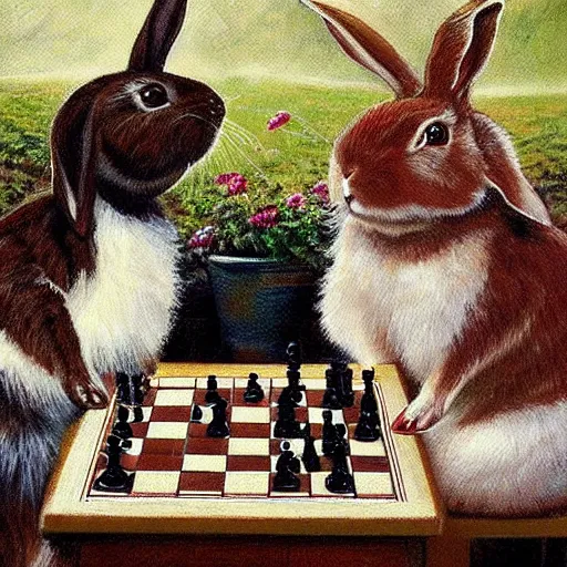 Prompt: rabbits drinking wine and playing chess. Painting of rabbits in sweaters by James Gurney.