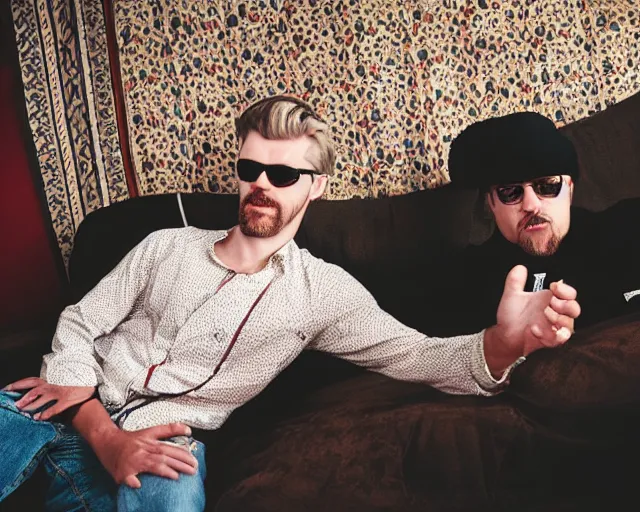 Prompt: russian drunk sitting on the couch with black glasses adidas shirt jeans old soviet carpet beautiful patterns white man funny hairstyle torn carpet hotel