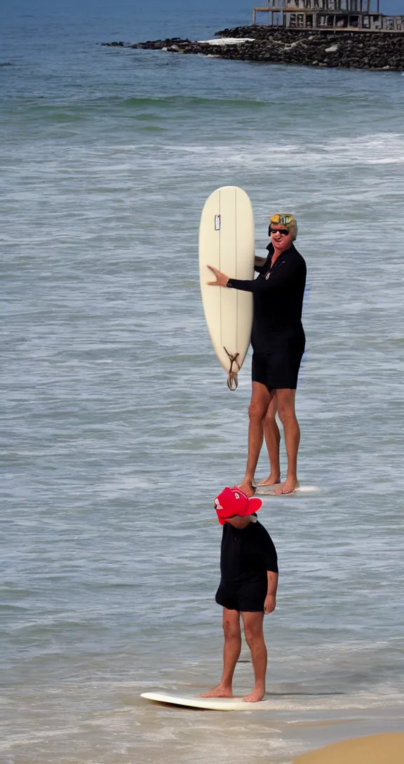 Prompt: Donald Trump holds a surfboard standing near the breakwater at a beach, Chunky old Trump wears tropical board shorts and sandals with a smug look, 4k, sharp focus, photo by professional