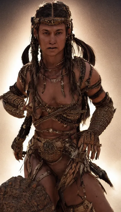 Prompt: sweated ancient princess tribewoman ready to fight, partially destroyed armor inspired monster hunter, low shot camera, muscular, symmetrical face, clean face, subtle make up, dramatic lighting, cinematic, establishing shot, extremely high detail, photorealistic, 300 the movie,monster hunter the movie, dune the movie, cinematic lighting, artstation, octane render, western,old photo, vintage, dust and destruction happening around her, freeze time