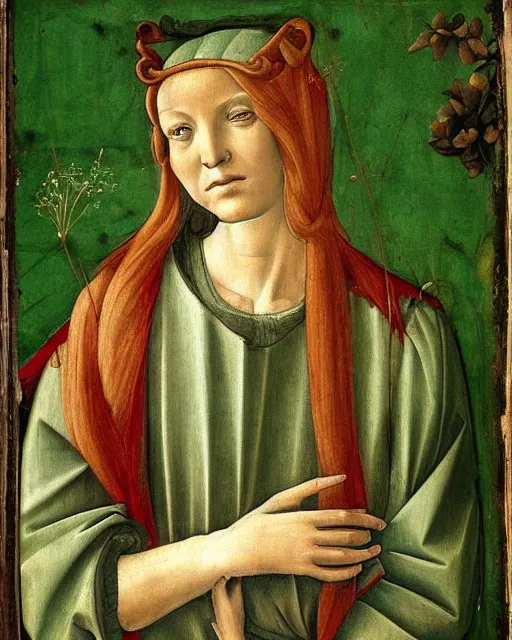 Image similar to stunning renaissance fresco of a green sad devil, masterpiece, artstation, by Sandro Botticelli, by Sofonisba Anguissola