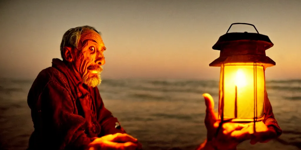 Image similar to film still of closeup old man holding up lantern by his beach hut at night. pirate ship in the ocean by emmanuel lubezki