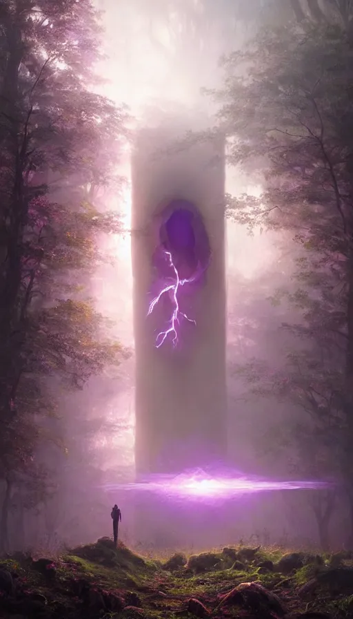 Image similar to Hyper realistic oil painting of a future sci-fi ancient god on the middle of a purple forest holding a portal that's about to explode, fog, volumetric lighting, nighttime, moonlight, by Greg Rutkowski and Diego Velázquez