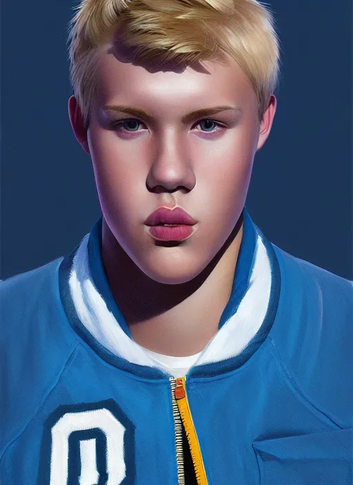 Image similar to portrait of high school senior boy named big moose, blonde short hair, jock, beefy, wide face, square jaw, square facial structure, blue varsity jacket with letter r, intricate, elegant, glowing lights, highly detailed, digital painting, artstation, concept art, sharp focus, illustration, art by wlop, mars ravelo and greg rutkowski