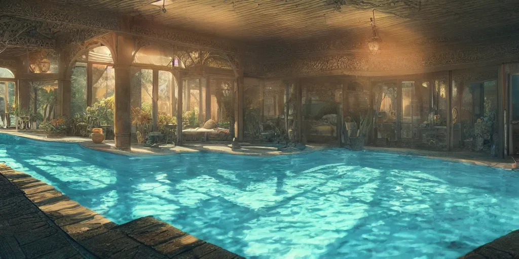 Prompt: Intricate detailed illustration, Swimming pool completely full of baked beans, cinematic lighting, by Philip Hood, wide angle, volumetric light scattering, 8k, artstation, concept art,