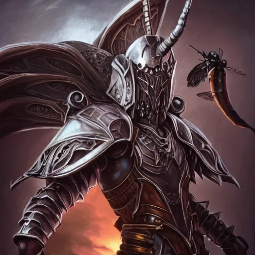 Image similar to portrait of humanoid mosquito resembling a knight in black armor with dragonfly wings on its back, league of legends splash art, castlevania, hearthstone splash art, full body shot, rule of thirds, ultrafine hyperrealistic detailed face, artgerm, horror setting, greg rutkowski, trending on artstation, 8 k, intricately detailed, highly detailed