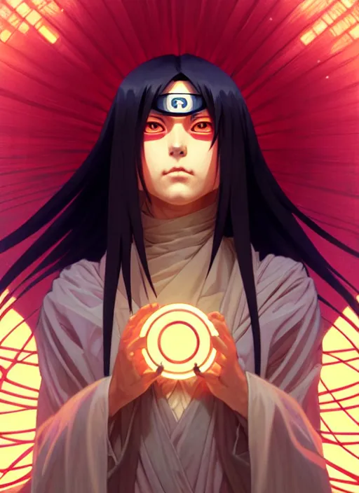 Image similar to symmetry!! itachi, glowing lights!! intricate, elegant, highly detailed, digital painting, artstation, concept art, smooth, sharp focus, illustration, art by artgerm and greg rutkowski and alphonse mucha