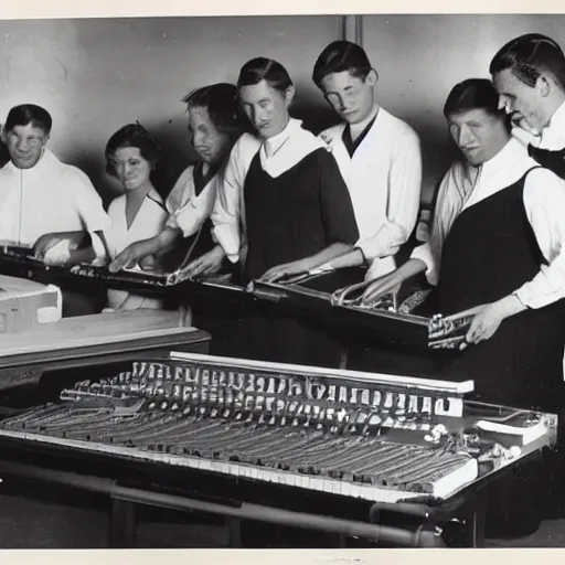 Image similar to penguins building a yamaha keyboard, 1930