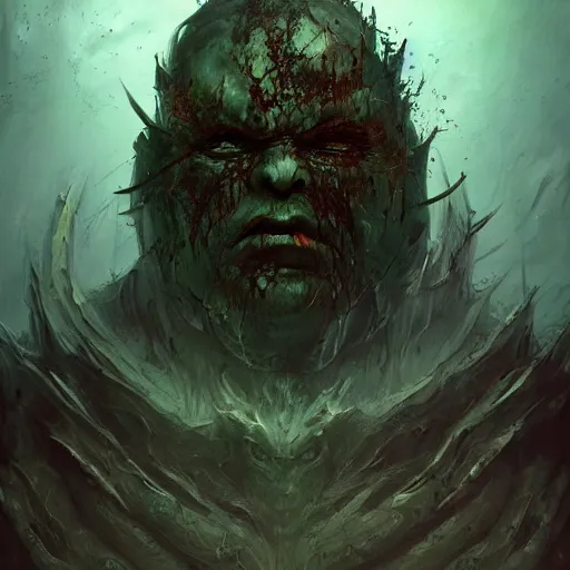 Prompt: the god nurgle by Schen Teng, asymmetrical, realistic painting, dark vibes, nightmare, geometric shapes, hard edges, synth wave, trending on the artstation:2 by Greg Rutkowski:4