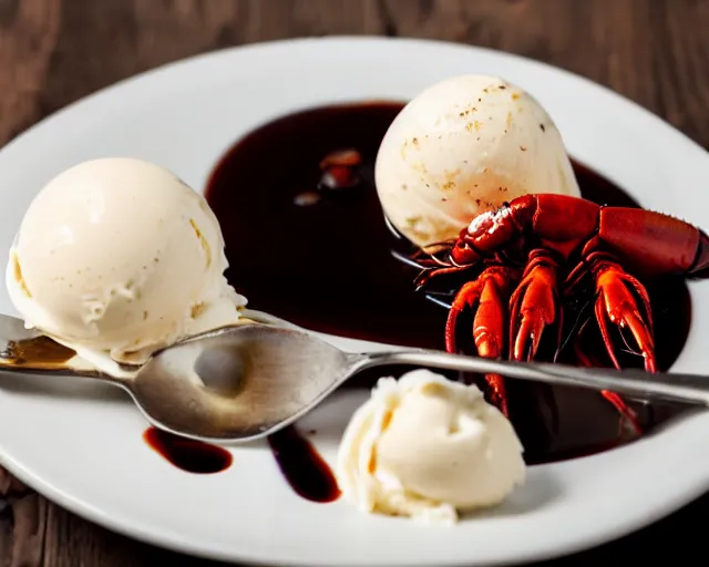 Image similar to dslr food photograph of a plate of vanilla ice cream and a crawfish, some chocolate sauce, 8 5 mm f 1. 4