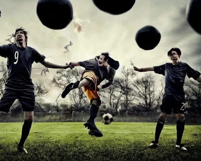Image similar to incredible absurd surreal closeup photoshoot advertisement for soccer team, people playing soccer in the style of tim walker and by michael bay action movie vsco film grain