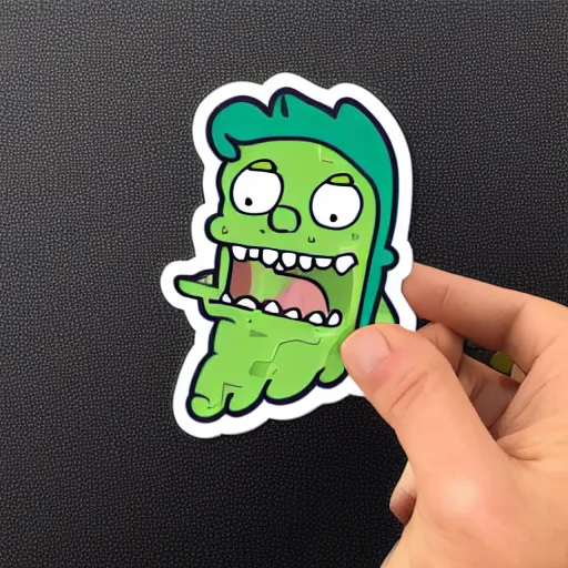 Image similar to a pickle-rick, svg sticker, vector art, wearing headphones, jamming to music