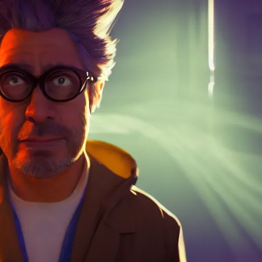 Image similar to portrait of rick sanchez, lab coat, lens flare, atmosphere, glow, detailed, intricate, full of colour, cinematic lighting, trending on artstation, 4 k, hyperrealistic, focused, extreme details, unreal engine 5, cinematic, masterpiece