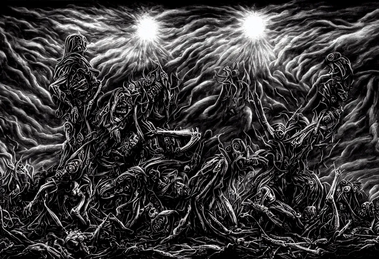 Image similar to dark burning sky with suffering shadows of dead humans with arms outstretched towards the sky, crushed souls under machines of hate, rivers of blood, nuclear waste, hell fire , under the eye of evil and monstruos alien god, blood incantation, revelation of death, radiation, sickness, disease, plague, fantasy, intricate, elegant, highly detailed, digital painting, artstation, concept art, smooth, sharp focus, octane render, dramatic lighting, volumetric lighting, cinematic lighting, art by artgerm and greg rutkowski and alphonse mucha and wlop