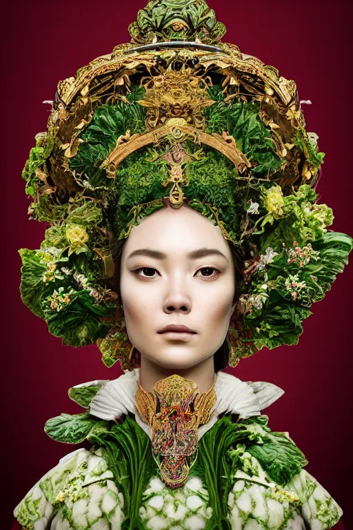 Image similar to a beautiful empress portrait, with a brilliant, impossible striking big salad headpiece, clothes entirely made out of salad, symmetrical, dramatic studio lighting, rococo, baroque, greens, asian, hyperrealism, closeup, D&D, fantasy, intricate, elegant, highly detailed, digital painting, artstation, octane render, 8k, concept art, matte, sharp focus, illustration, art by Artgerm and Greg Rutkowski and Alphonse Mucha