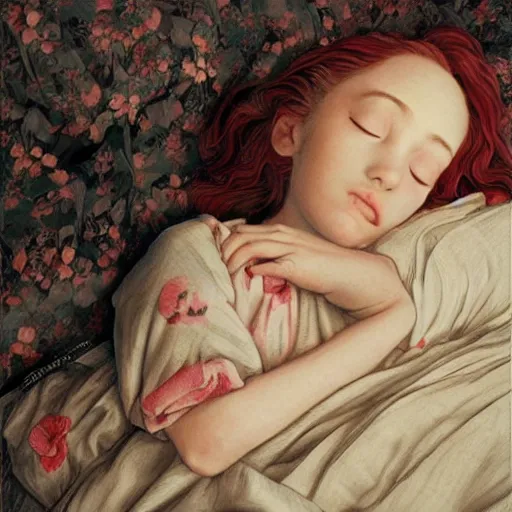 Image similar to little girl in pajama sleeping. digital artwork by ayami kojima, inspired by pixar movies and balthus, highly detailed, realistic