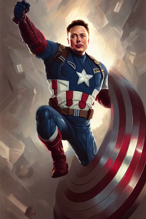 Prompt: elon musk as captain america, portrait, highly detailed, digital painting, artstation, concept art, smooth, sharp focus, illustration, cinematic lighting, art by artgerm and greg rutkowski and alphonse mucha