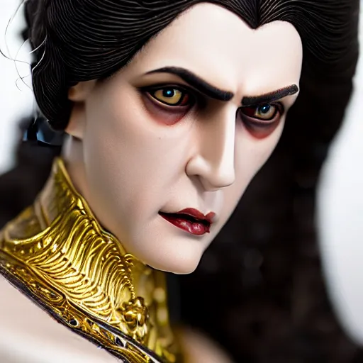 Image similar to photo taken of an epic intricate, ultra detailed, super realistic bust of a majestic gracious regal aristocratic brunette female vampire created by weta workshop, menacing, some zoomed in shots, photorealistic, sharp focus, white wall, extremely cold blueish colour temperature, 3 5 mm, f 1. 4, golden ratio
