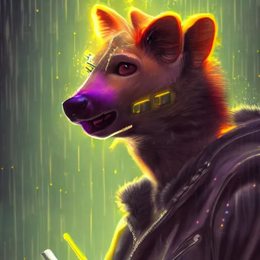 Image similar to digital painting of anthromorphic hyena female smoking cigarrete, fursona, furry fandom, furaffinity, neon rainy cyberpunk setting, anthro, wearing cyberpunk leather jacket, detailed face, blade runner, zootopia style,