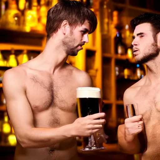 Prompt: attractive male and another attractive male, no shirts, shorts, drinking their hearts out, in the pub, high definition, very detailed, volumetric lighting, still frame