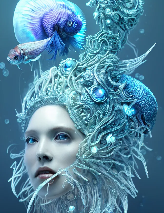 Image similar to goddess macro close - up portrait wigh crown made of ram skull. betta fish, jellyfish phoenix, bioluminiscent, plasma, ice, water, wind, creature, super intricate ornaments artwork by tooth wu and wlop and beeple and greg rutkowski