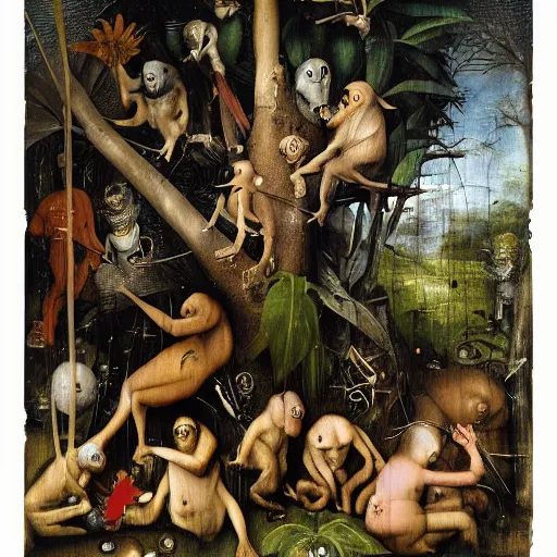 Prompt: colorful chimpanzees playing in a primordial jungle around a tall metal rectangle structure, by hieronymus bosch, joel peter witkin, annie liebovitz, gustave dore, highly detailed, photo realistic, 8 k