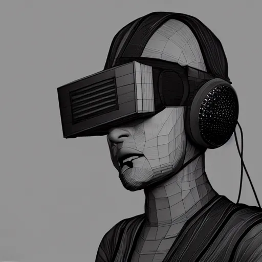 Image similar to rpg character concept art, modular synth musician patching cables, wires flying in the air, wearing a bespoke vr headset designed by demobaza, in the style of jamie hewlett hiroya oku riyoko ikeda, 3 d render, artstation trending, 8 k, octane render, photorealistic, sharp detail, manga, black and white