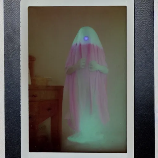 Prompt: coloured atmospheric polaroid photo of a realistic ghost spirit in a kid - bedroom